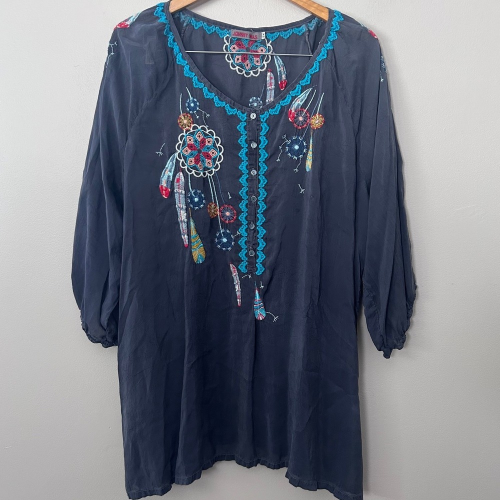Johnny Was Blouse Womens 2X Gray Cupra Rayon Embroidered Boho Peasant Top